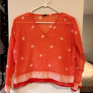 Bright Coral V-Neck Women's Blouse with White Print